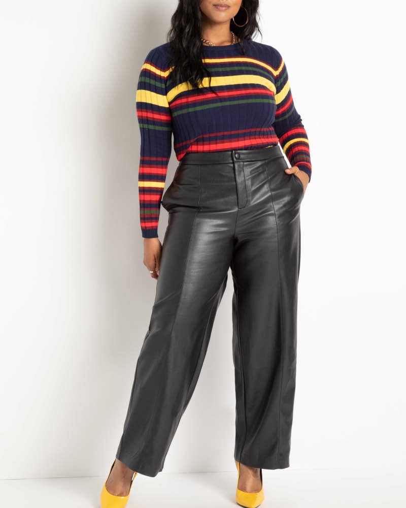 Front of a model wearing a size 14 Bre Wide Leg Faux Leather Pant in Black Onyx by ELOQUII. | dia_product_style_image_id:236735